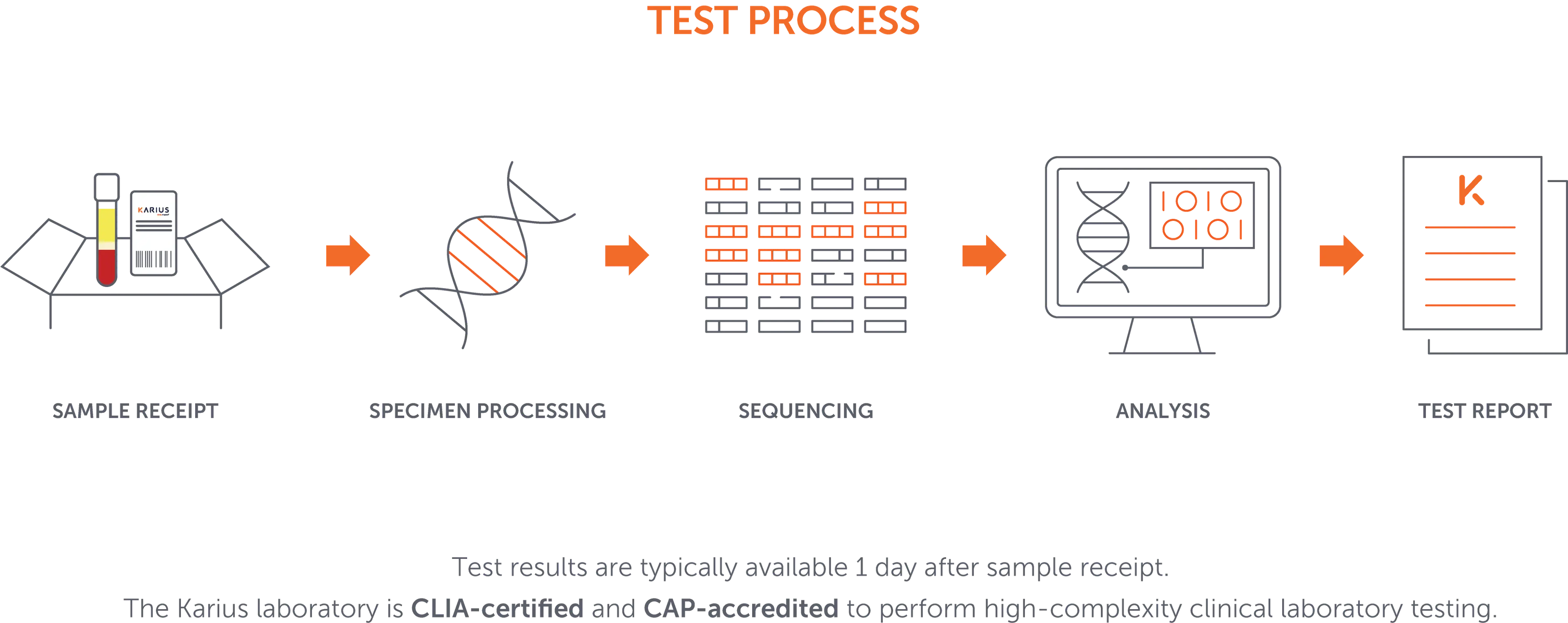 Karius test process diagram showing specimen processing, mcfDNA sequencing, and analysis steps with results available within 1 day