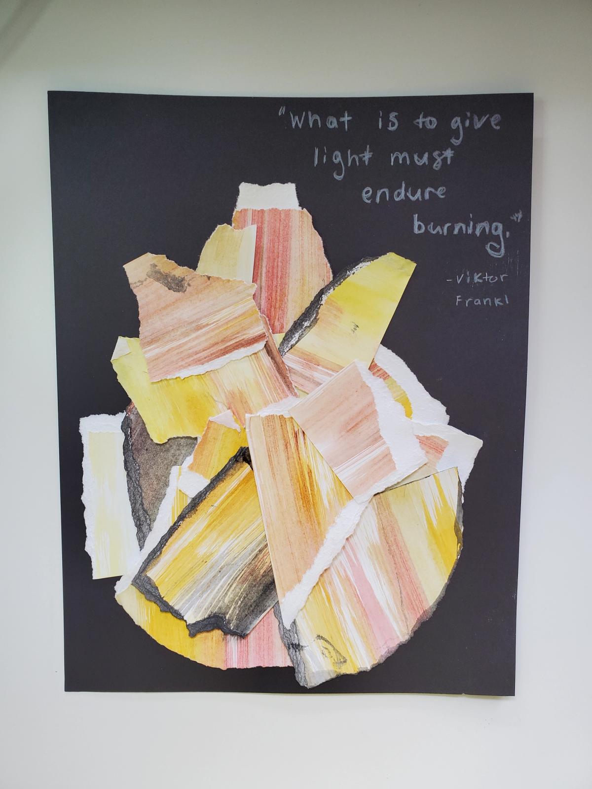 An image of a collaged paper flame with the quote 