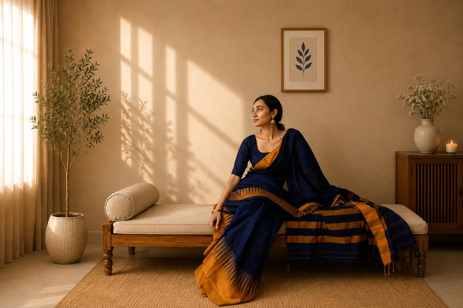 A woman in a saree styled in warm natural light