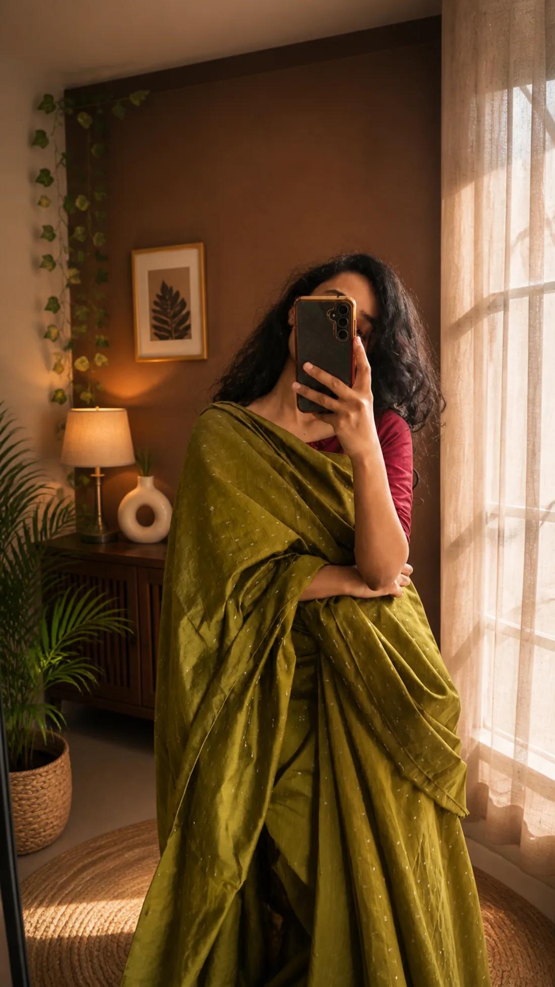 Oviya — Olive Green saree
