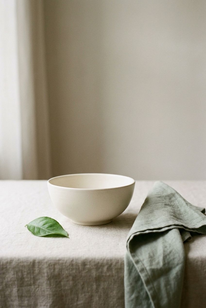 A simple ceramic bowl, green leaf, and folded linen in calm daylight