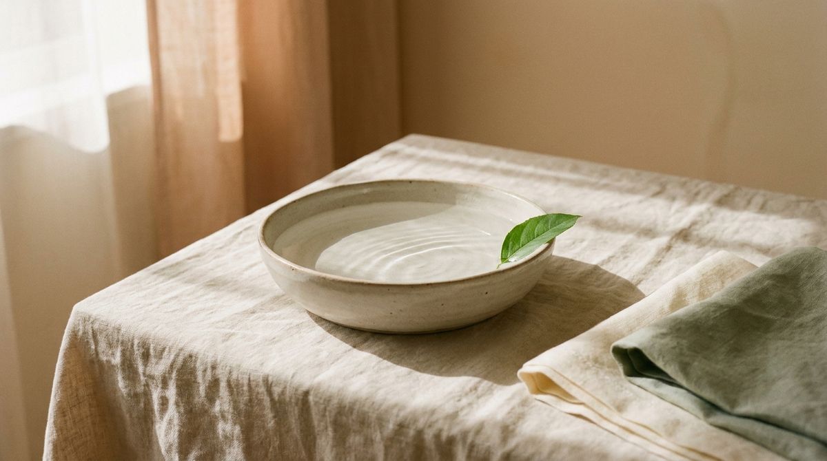 Soft ripples of light on a ceramic bowl of water with a single green leaf