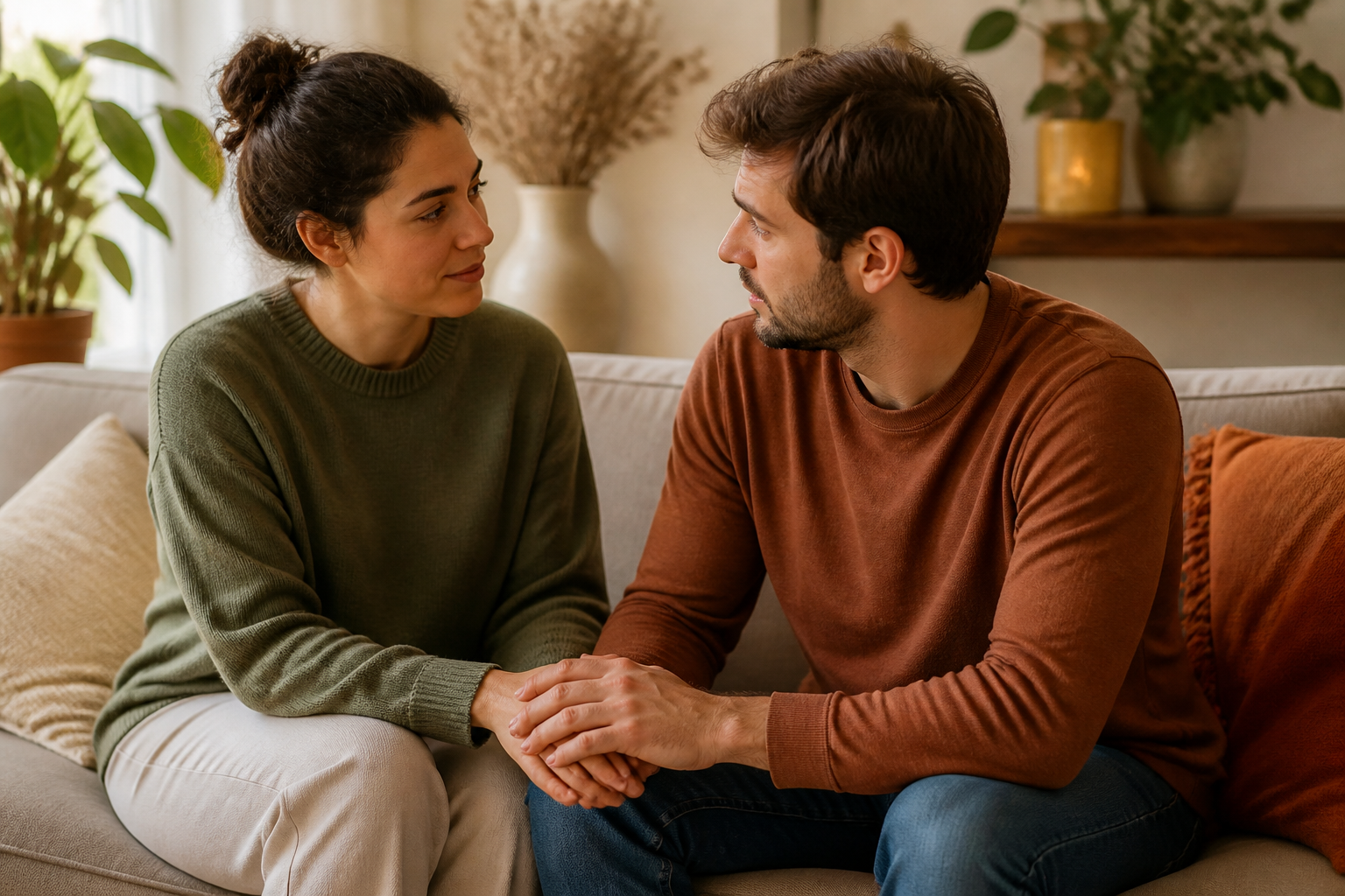 Two partners sitting together holding hands on a sofa