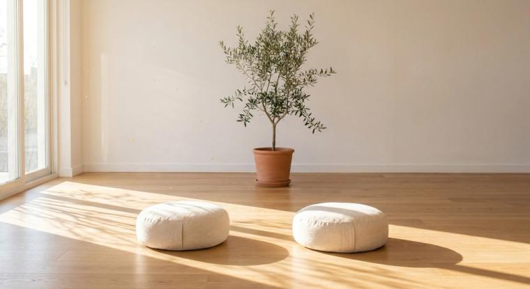 Two meditation cushions facing a plant
