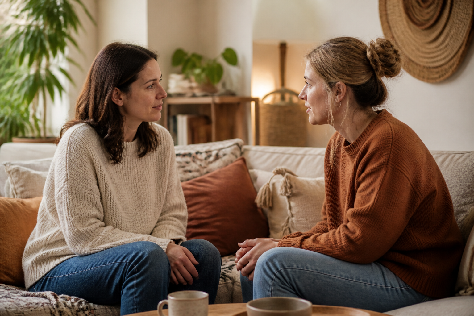 Two people having a careful conversation on a couch