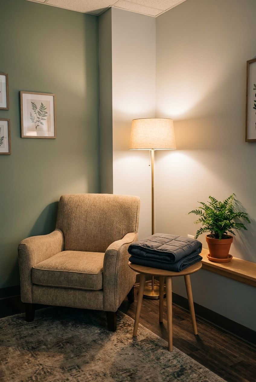 Photograph of a soft armchair with a folded weighted blanket, lamp, and small plant