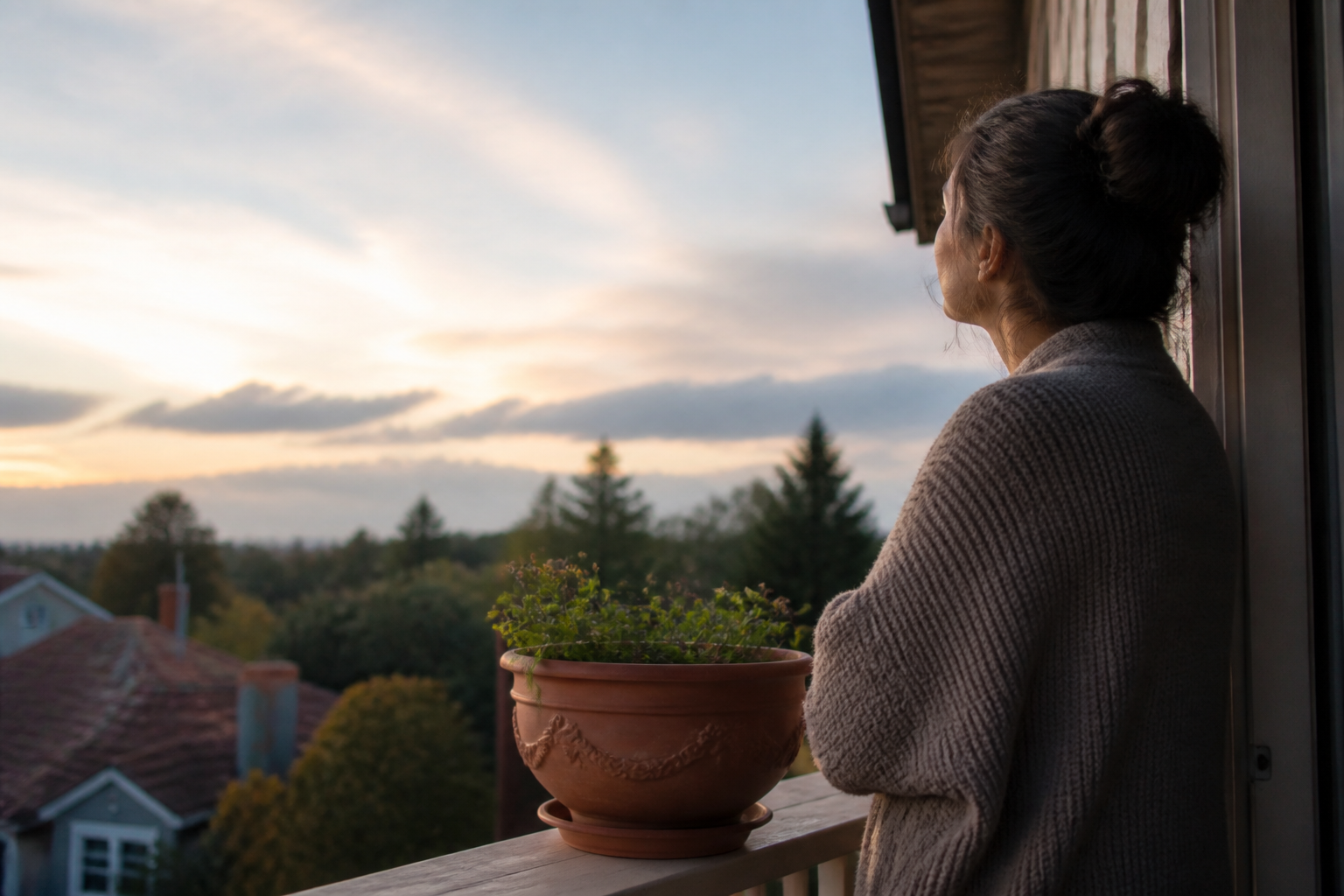 Person taking fresh air on a quiet porch at dusk