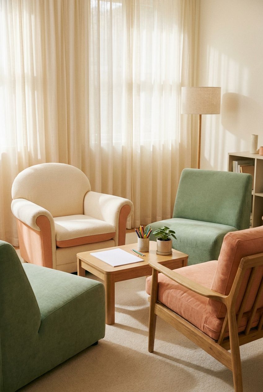 A welcoming family therapy room with a circle of chairs and creative materials