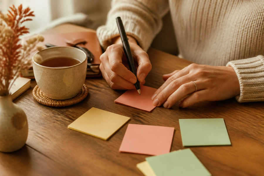 Hands arranging colorful sticky notes on a wooden table