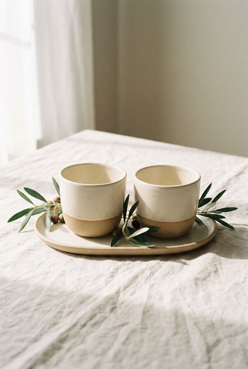 Two matching ceramic cups on a shared tray with olive sprigs in soft window light