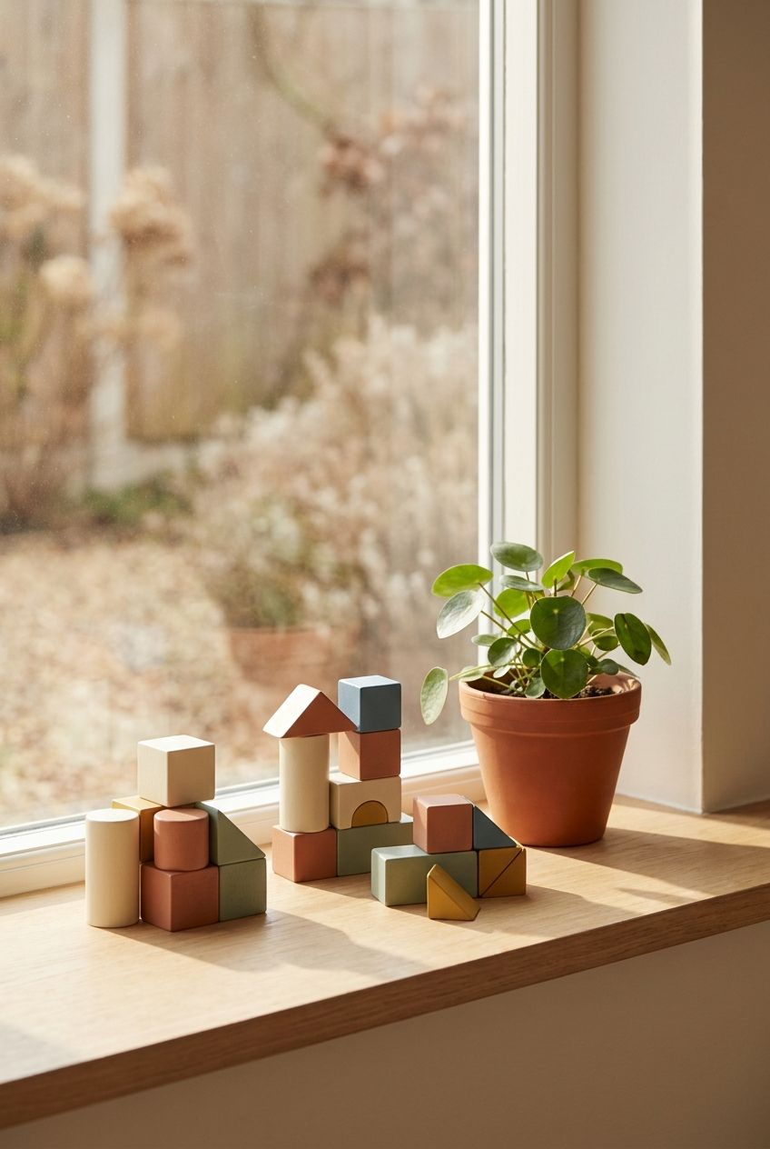 Colorful wooden blocks and a small plant on a sunny windowsill