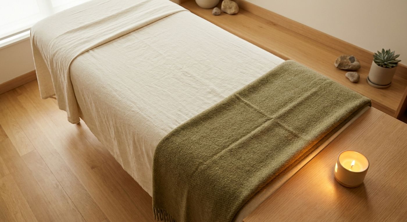 Cream treatment table with an olive throw