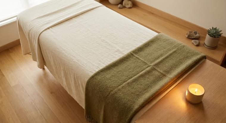 Cream treatment table with an olive throw