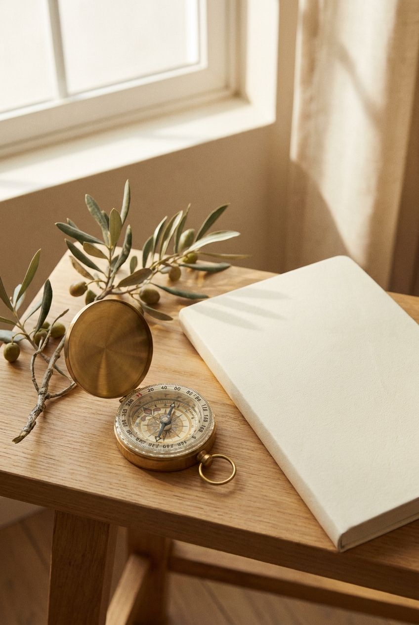 A brass compass beside a blank journal and olive branch in warm window light