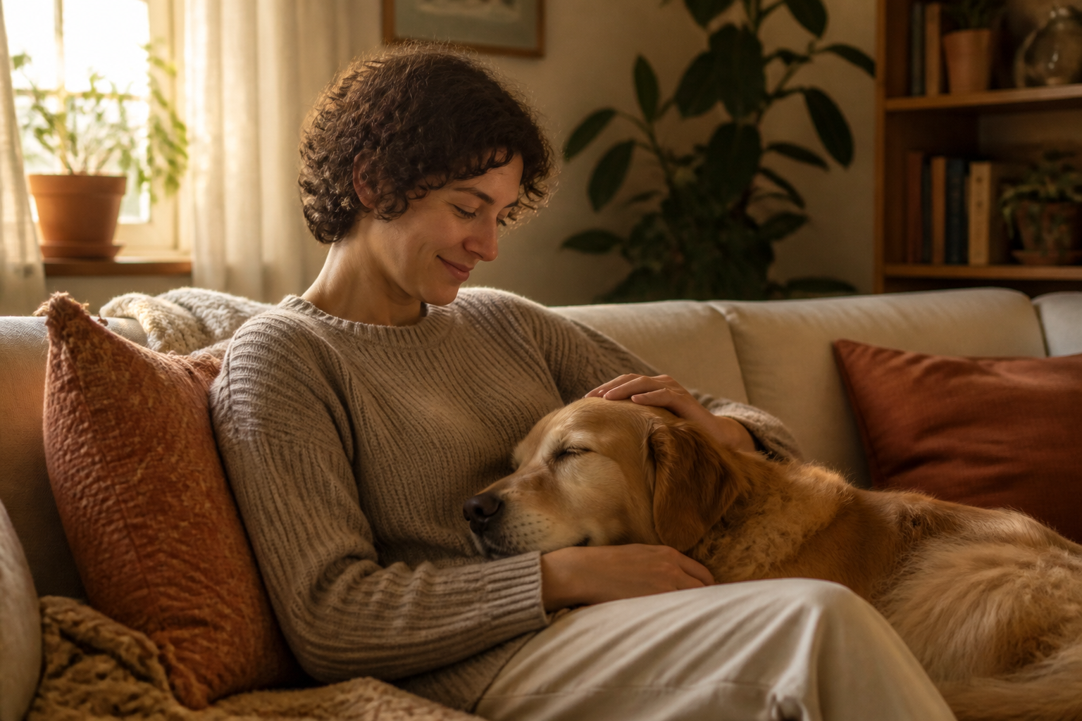 Person sitting with a golden dog on a cozy sofa