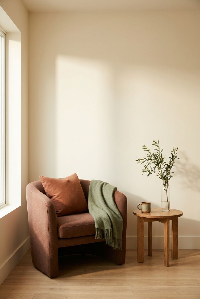 A calm therapy room with an armchair, ceramic cup, and leafy branch in soft window light