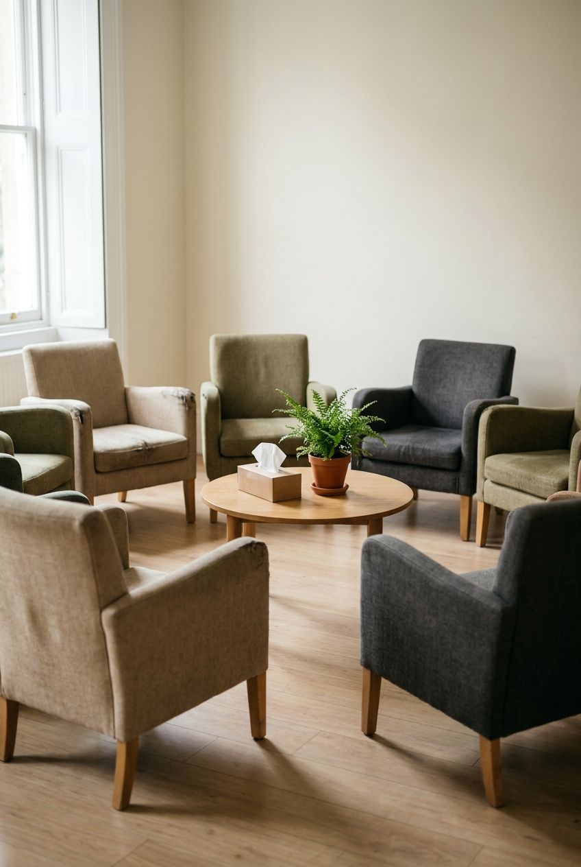 Photograph of empty chairs in a circle around a low table with tissues and a plant