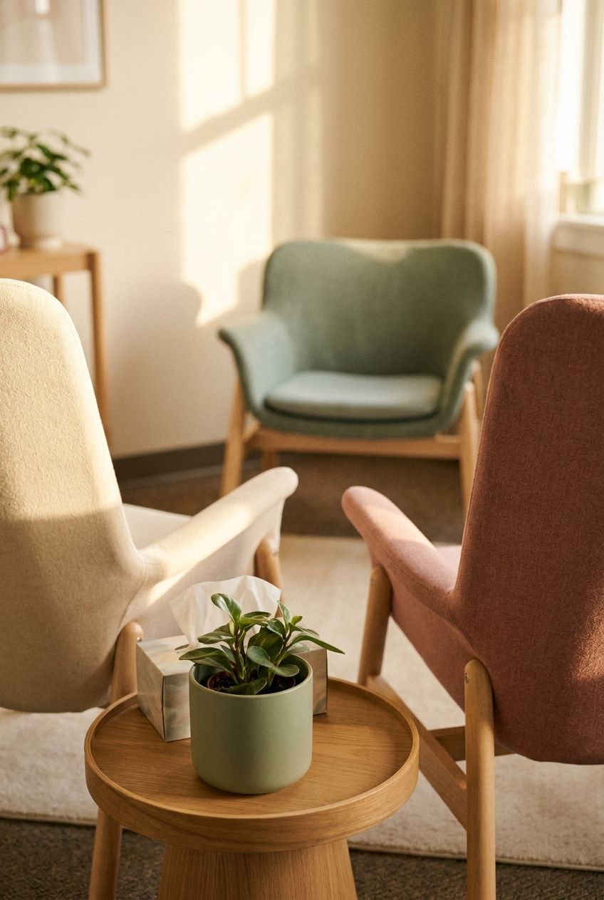 A couples therapy space with two chairs angled toward one another