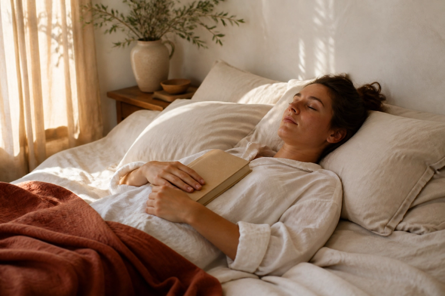 Person resting in bed with a book in soft afternoon light