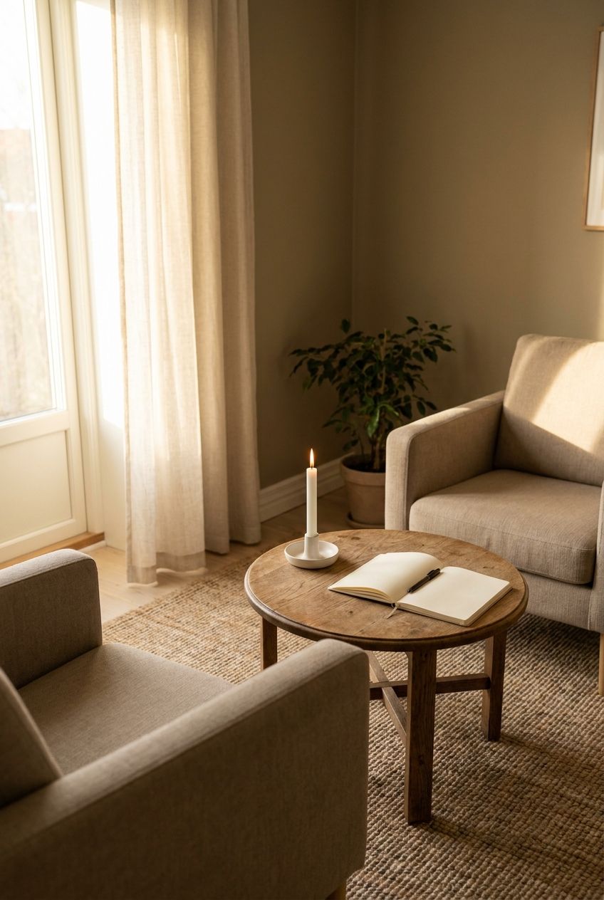 Photograph of two empty armchairs facing each other across a small table with a candle and notebook