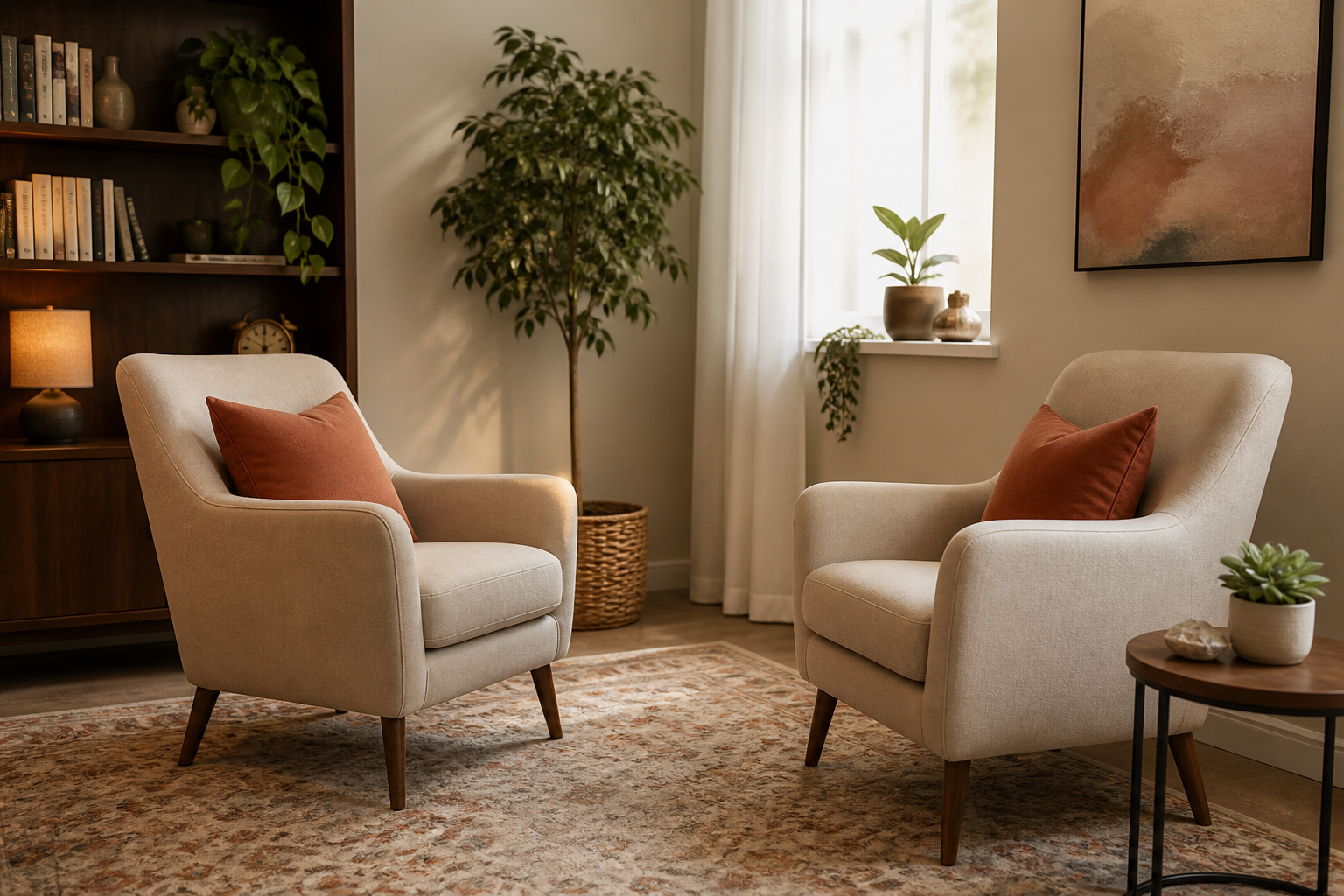 Warm therapy office with two empty chairs facing each other