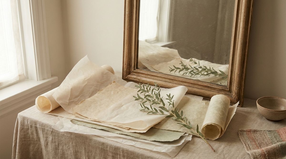 A mirror, layered translucent paper, and a leafy branch in window light
