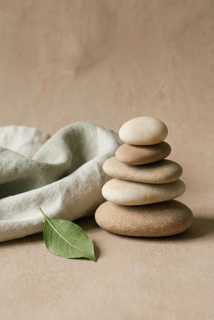 Smooth river stones beside linen and a green leaf in soft diffused light