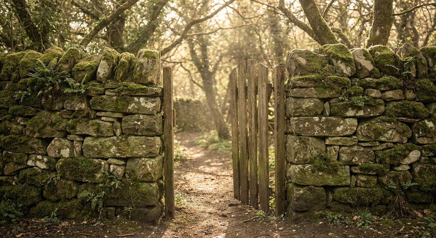 Mossy garden wall with a gate in gold light