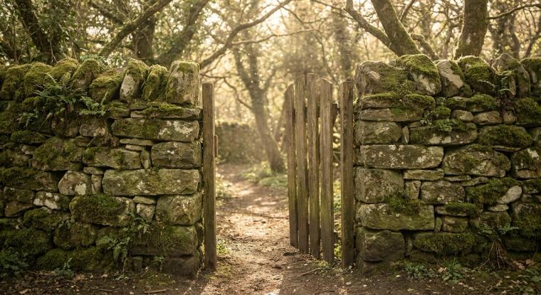 Mossy garden wall with a gate in gold light