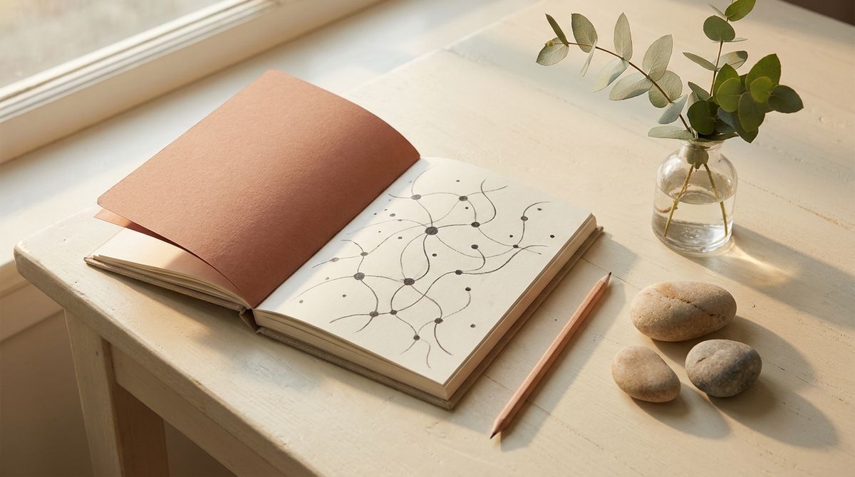 An open notebook with abstract connected dots and a pencil, representing reflection and practical skills