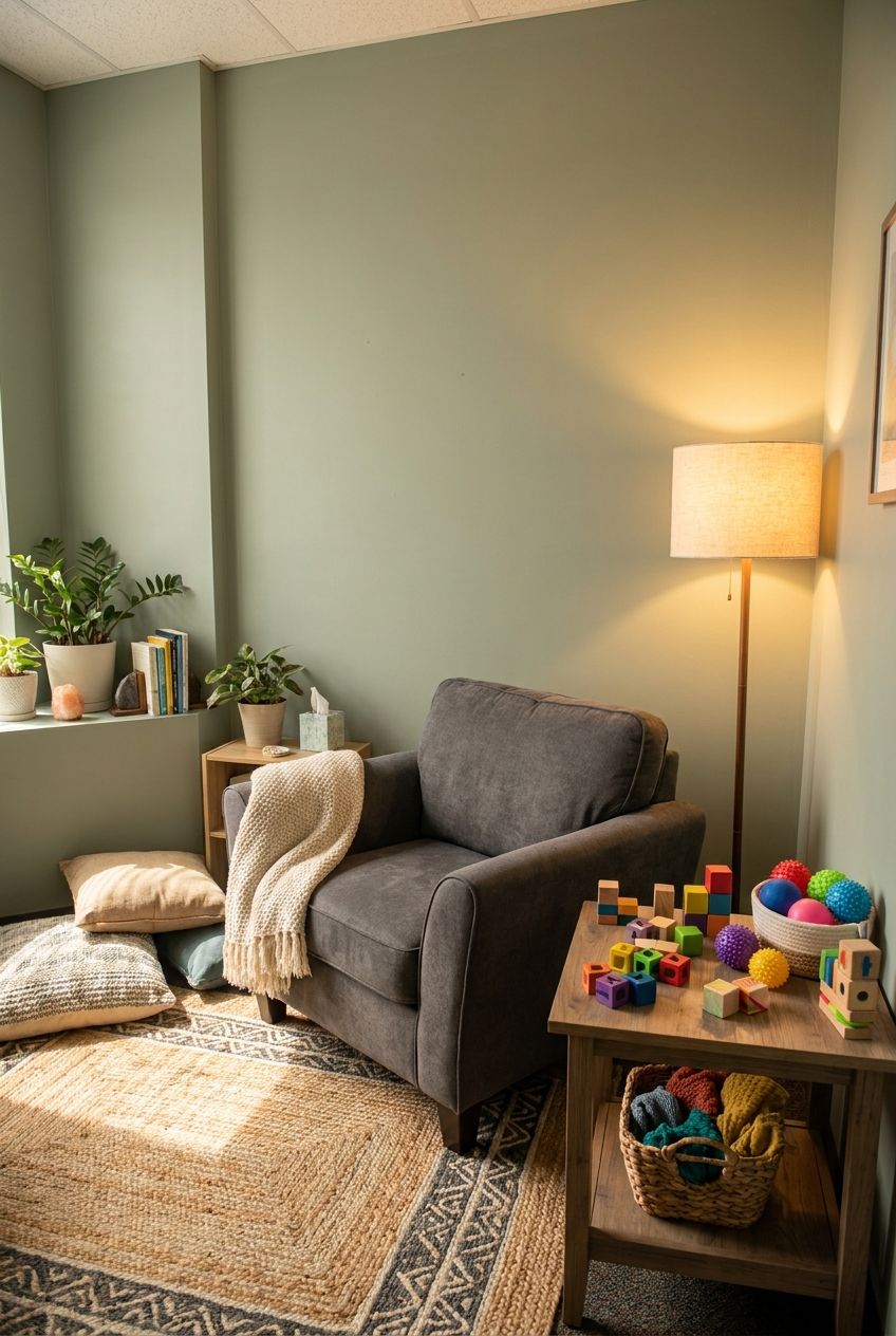 Photograph of a cozy chair with a soft throw and fidget toys on a nearby shelf