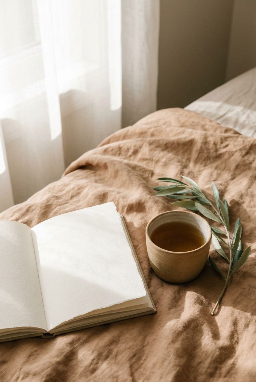 An open journal with a ceramic cup and olive branch on warm linen in morning light