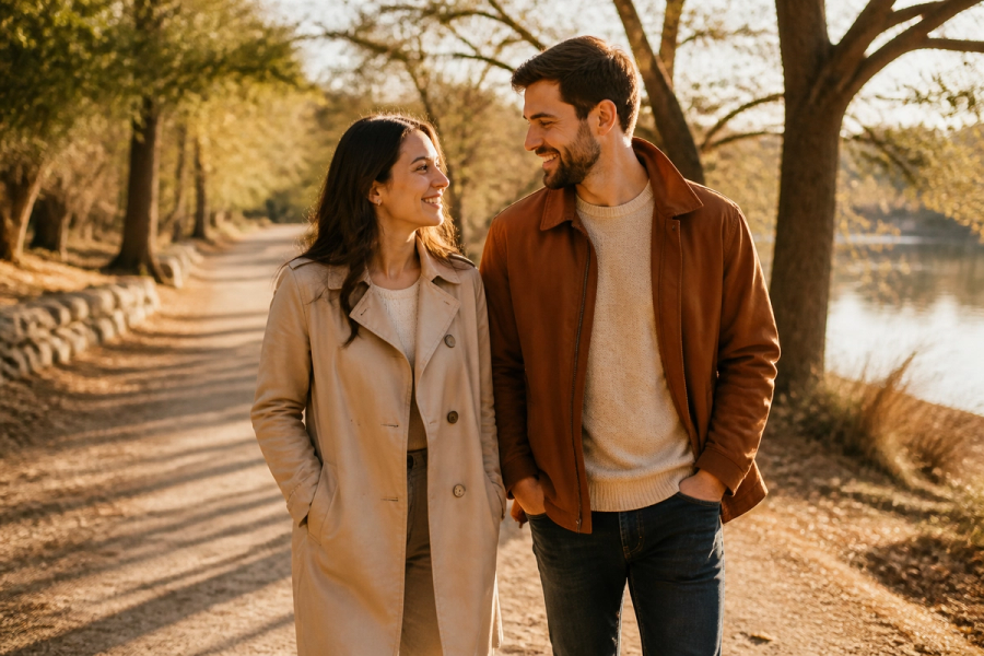Couple walking together on a quiet tree-lined path