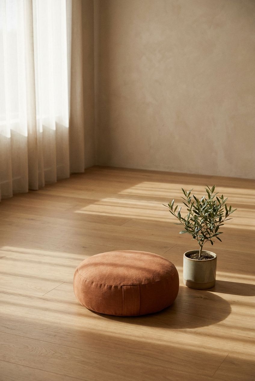 A meditation cushion corner with a small plant in soft morning light