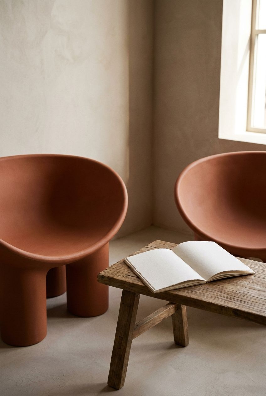 Two empty chairs angled toward each other across a small table with a notebook