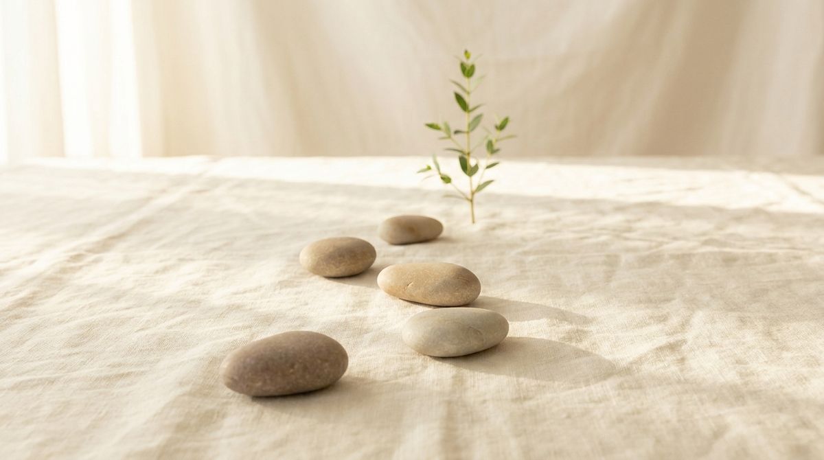 Smooth stepping stones leading toward a green sprig in sunlight