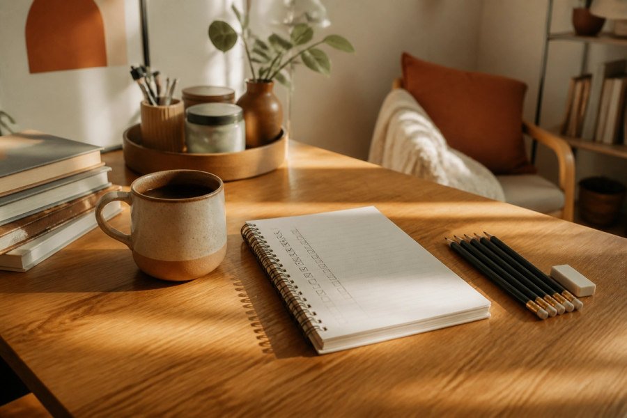 Neat desk with notebook and lined-up pencils in soft light