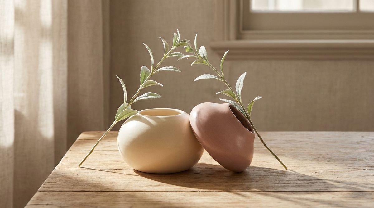 Two overlapping ceramic forms and leafy stems, suggesting connection