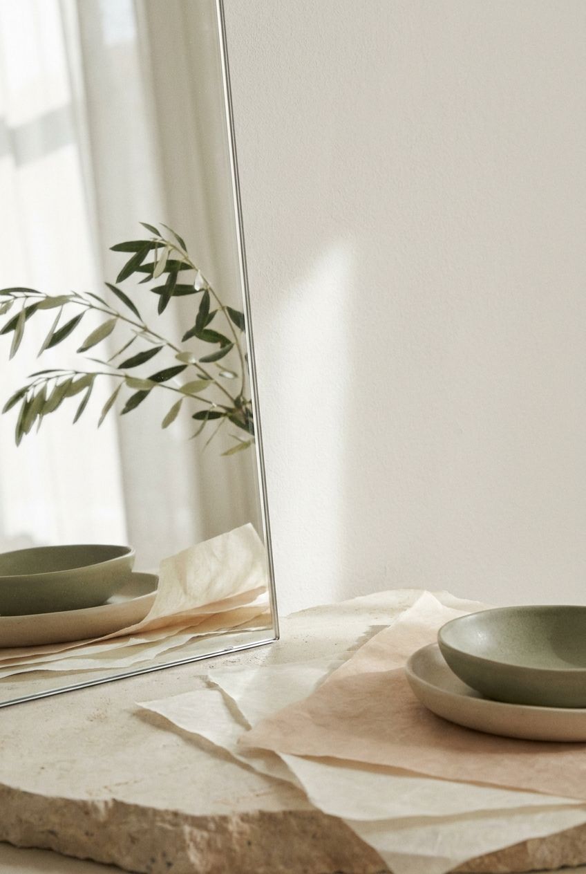 A quiet mirror catching soft window light beside layered paper and a leafy branch