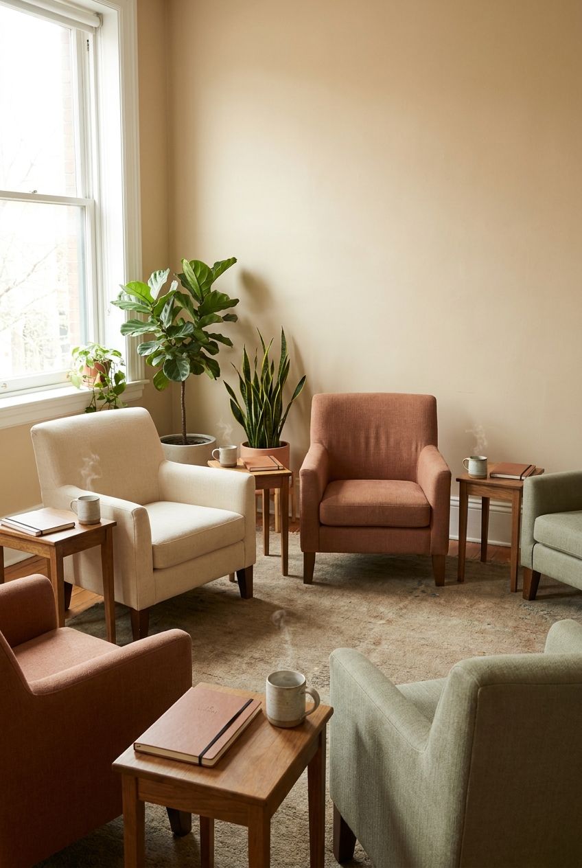 A small circle of chairs prepared for a group therapy session
