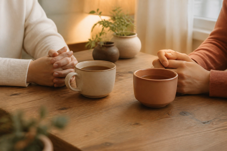 Two mugs of tea on a wooden table between two people