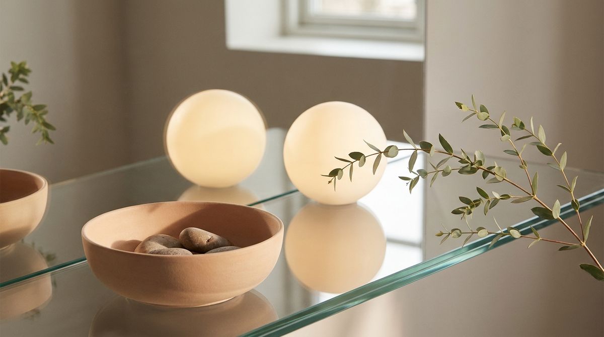 Soft points of light reflected on glass beside grounding objects