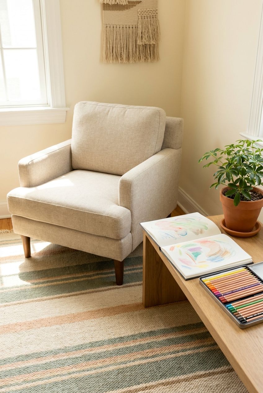 A calm youth therapy corner with a chair, sketchbook, and colored pencils