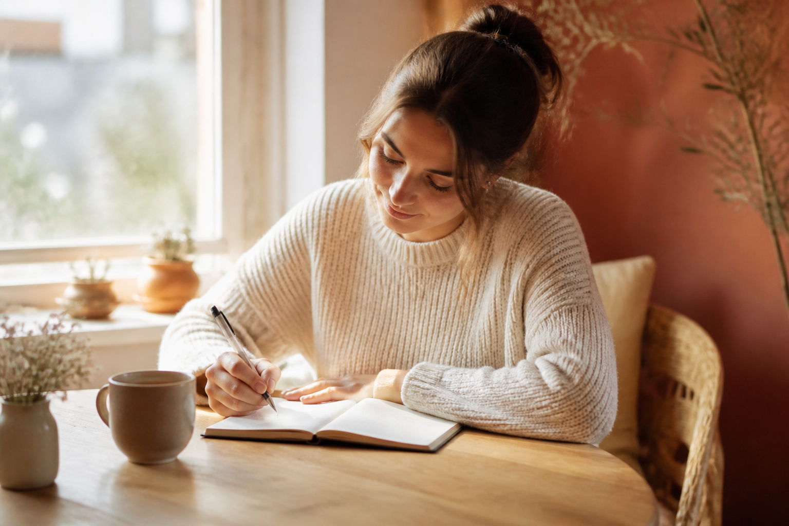 Person journaling by a sunlit window