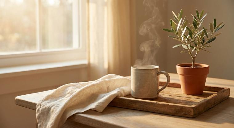 Morning tea, linen, and an olive plant by a window