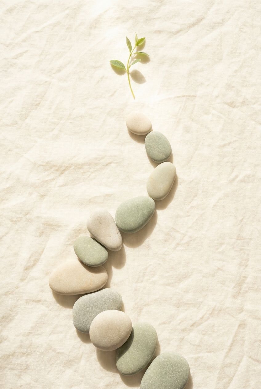 Smooth stepping stones leading toward a sunlit green sprig on textured linen
