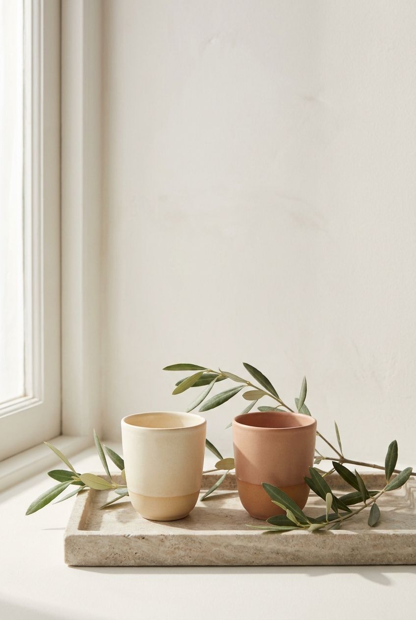 Two matching ceramic cups on a shared tray with intertwined olive sprigs
