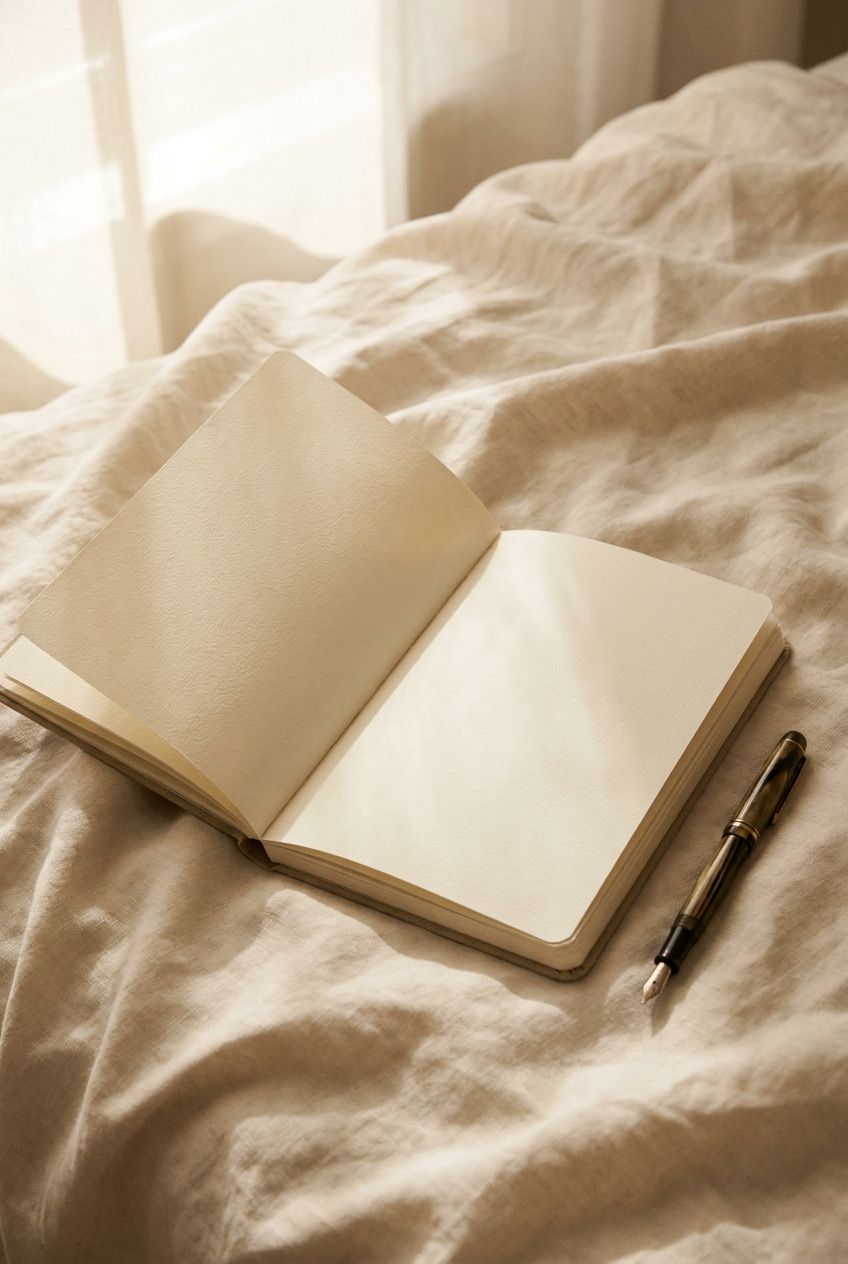 An open journal with a fountain pen in soft shadowed window light