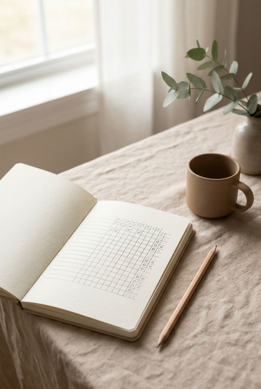 A neat notebook with a pencil and ceramic cup on warm linen in morning light
