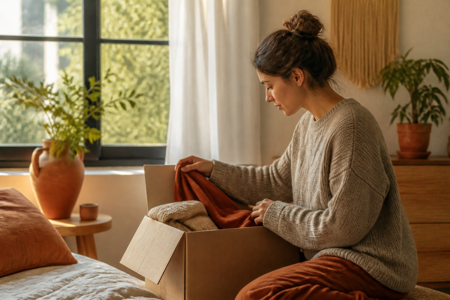 Person unpacking a box by a sunlit window